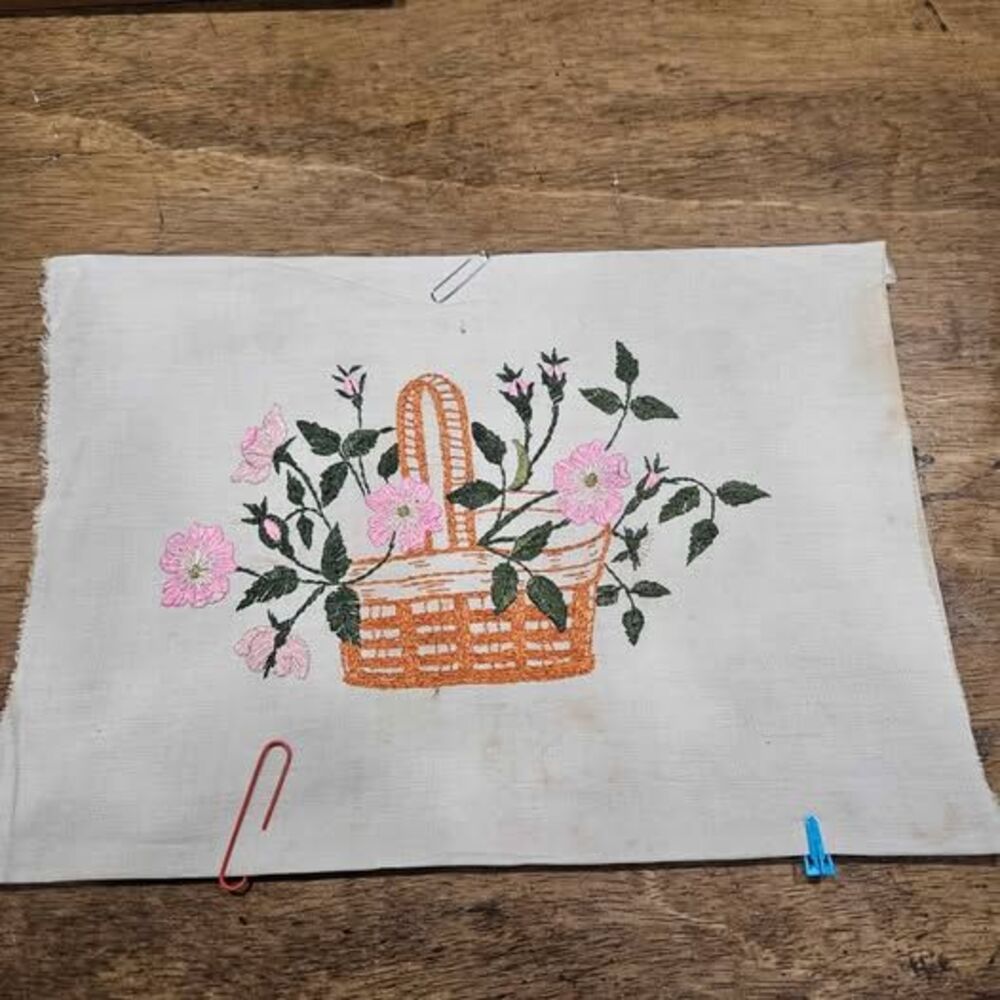 Handmade Embroidered Floral Basket Fabric